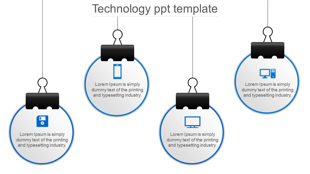 Technology PowerPoint template with four hanging blue circular sections, each featuring an icon and caption.