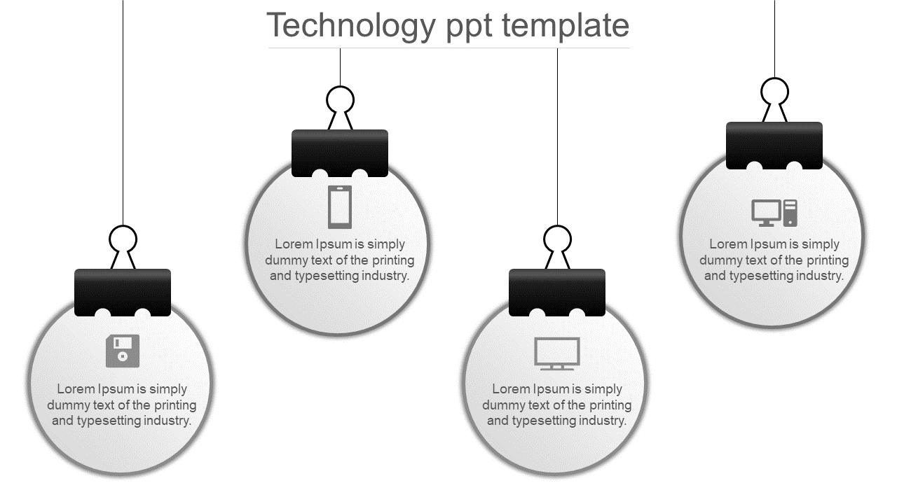 Tech infographic with four round hanging labels, each displaying an icon and text in gray and white.