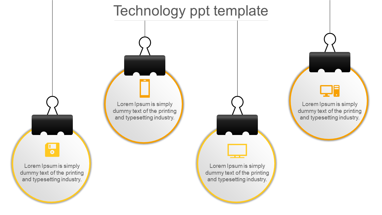 Four hanging circular icons with yellow tech symbols, connected by black clips, each with placeholder text.