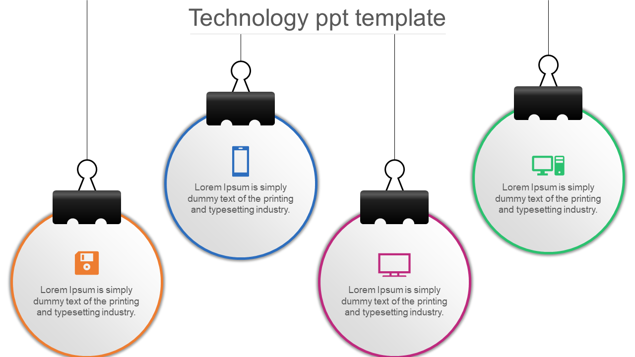 Modern technology slide showcasing four suspended round shapes with icons for storage disk, smartphone, screen, and computer.