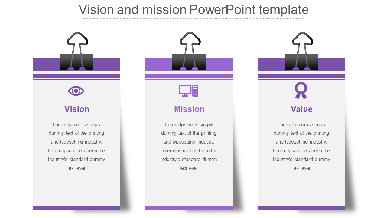 Slide featuring three sections with binder clipped cards displaying purple icons and text for vision, mission, and value.