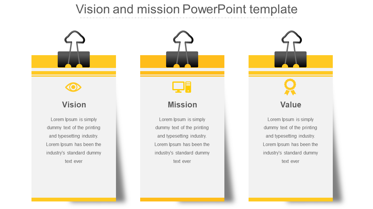 Vision and mission slide with three yellow clipboard style cards, each with icons and captions, on a white background.