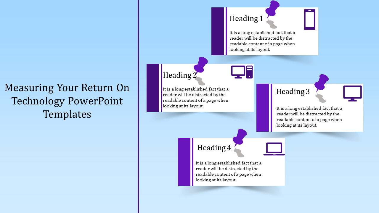 Four text boxes with headings and purple pins on a light blue background, showcasing technology presentation topics.