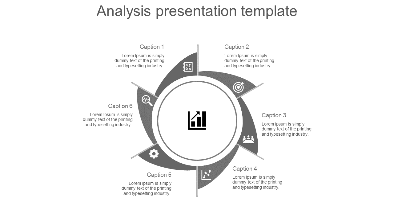 Analysis themed slide featuring a six step gray circular diagram surrounding a central analytics icon.