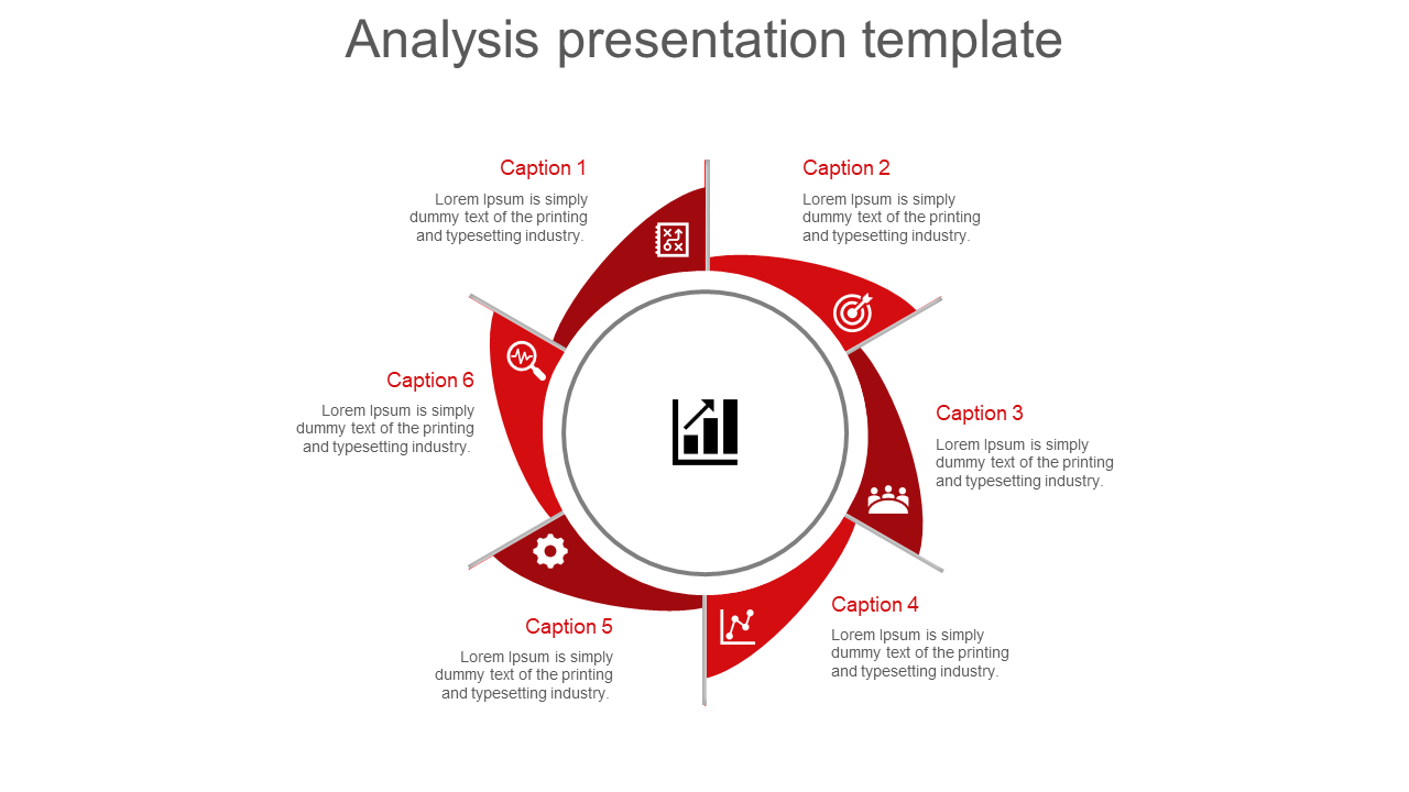 Red circular analysis infographic with six labeled segments, and descriptions around a central data icon.