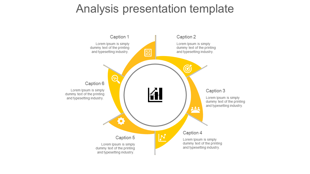 Analysis presentation template with six sections arranged in a yellow circle, each featuring an icon and caption.