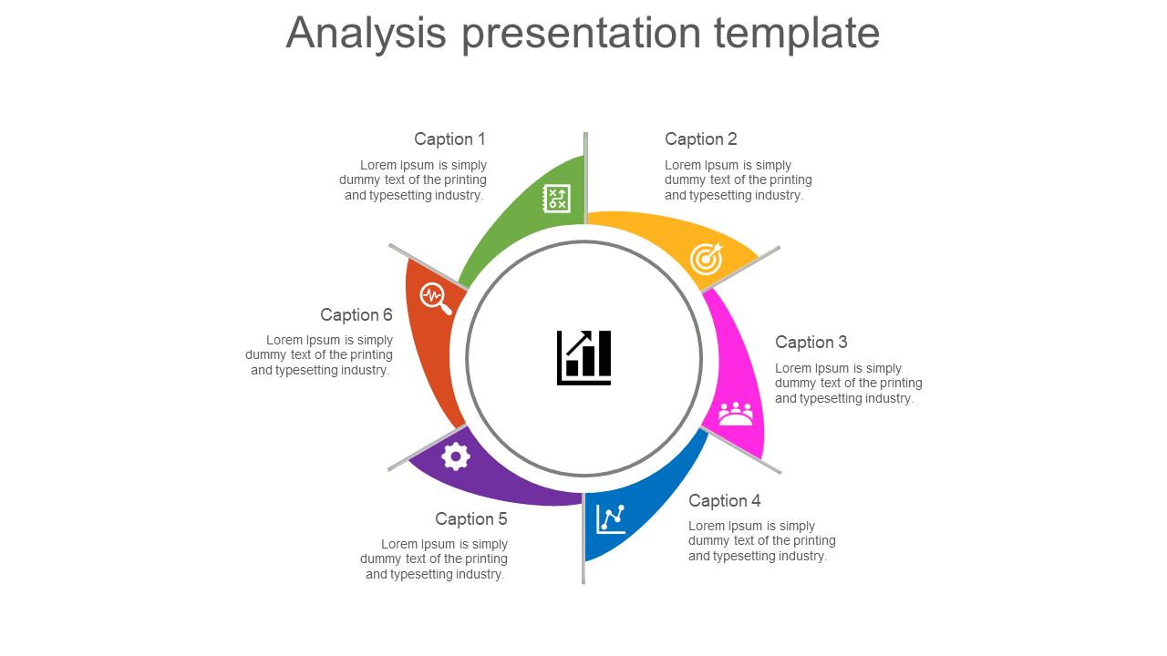 Colorful circular analysis template featuring six sections with icons growth, target, people, settings, data, and analytics.