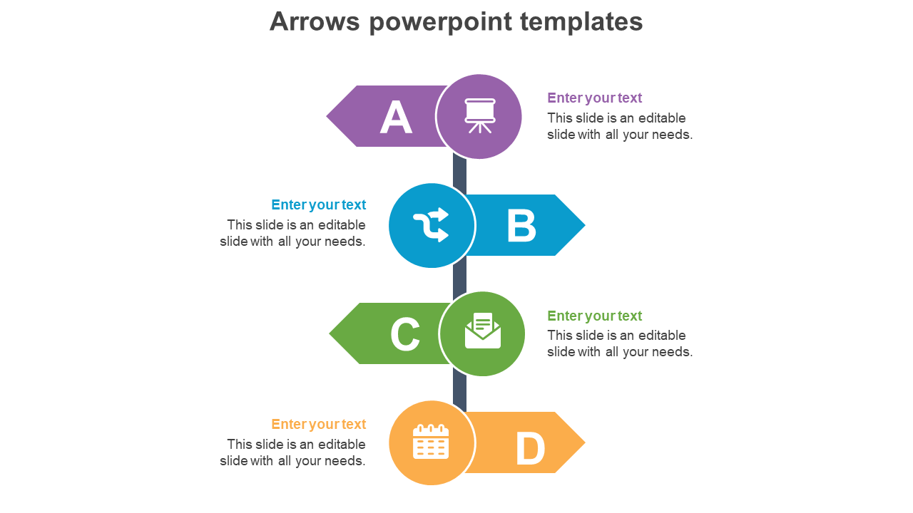 Four-step arrow infographic with distinct colors and icons for steps A, B, C, and D, with caption areas.