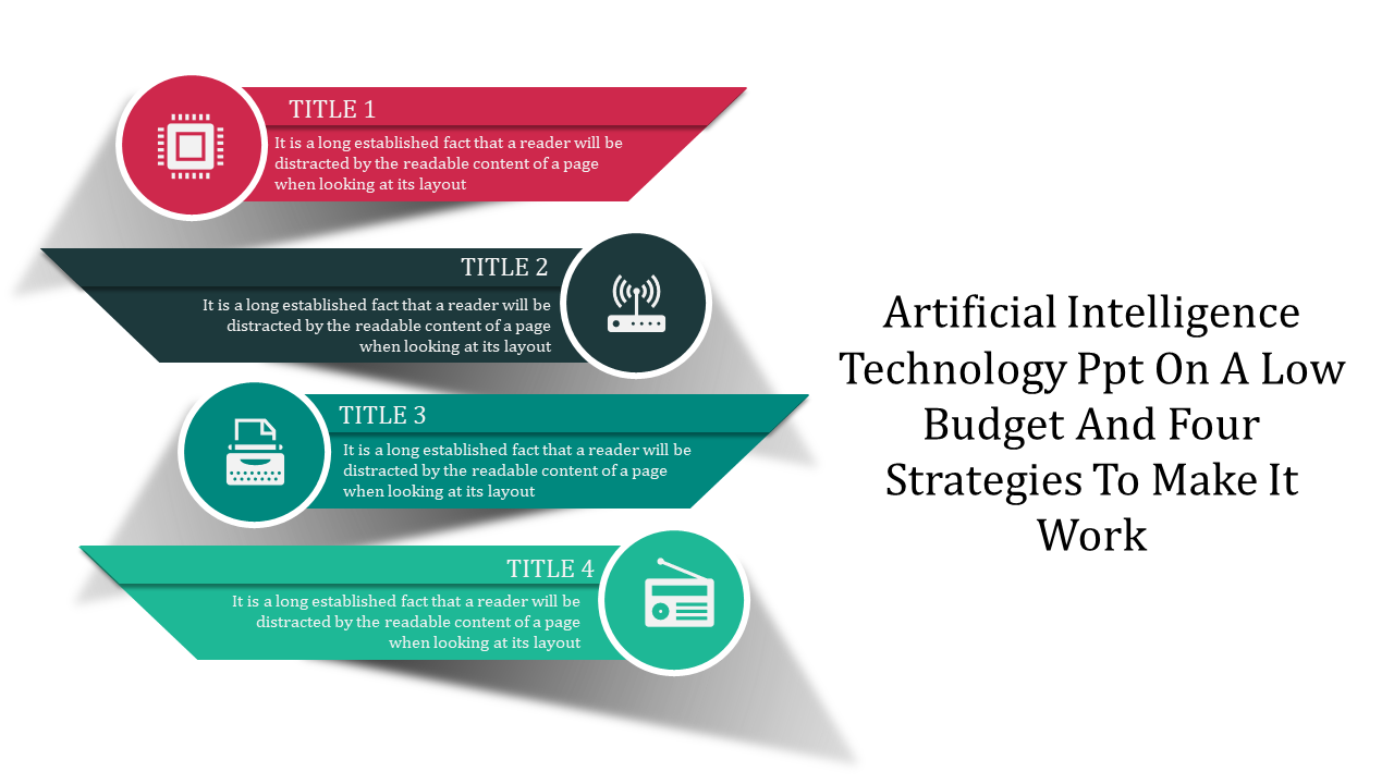 Slide featuring four horizontal banners in red, dark blue, teal, and green with circular icons and text.