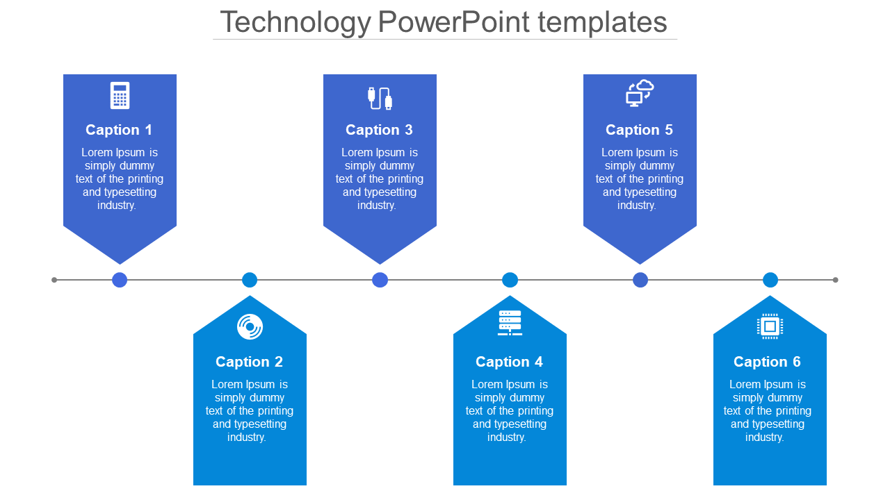 A modern technology slide with six sections for captions, each paired with icons such as a computer, cloud, and processor.