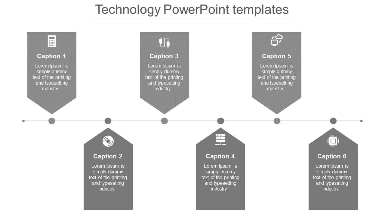 Technology themed slide with six vertical gray labels, each with icons and text, arranged along a line.