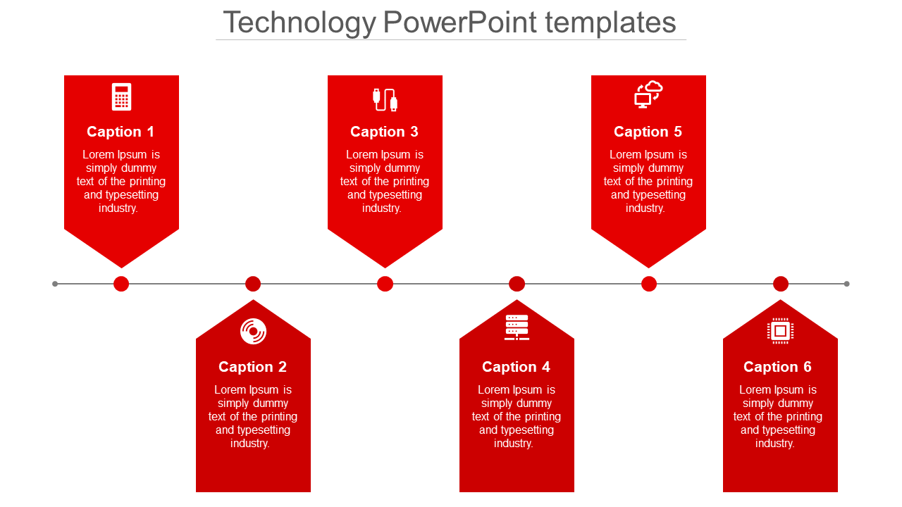 Technology PowerPoint template with red icons and placeholder text.