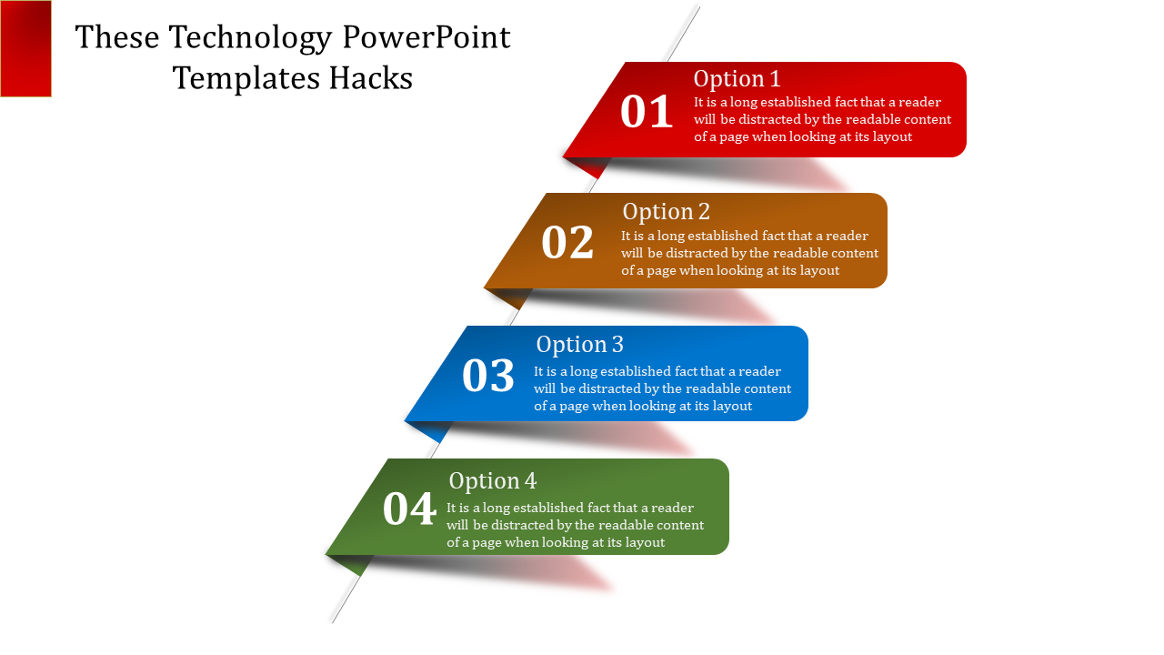 Technology slide with four staggered, colorful banners in red, orange, blue, and green, labeled 01 to 04.