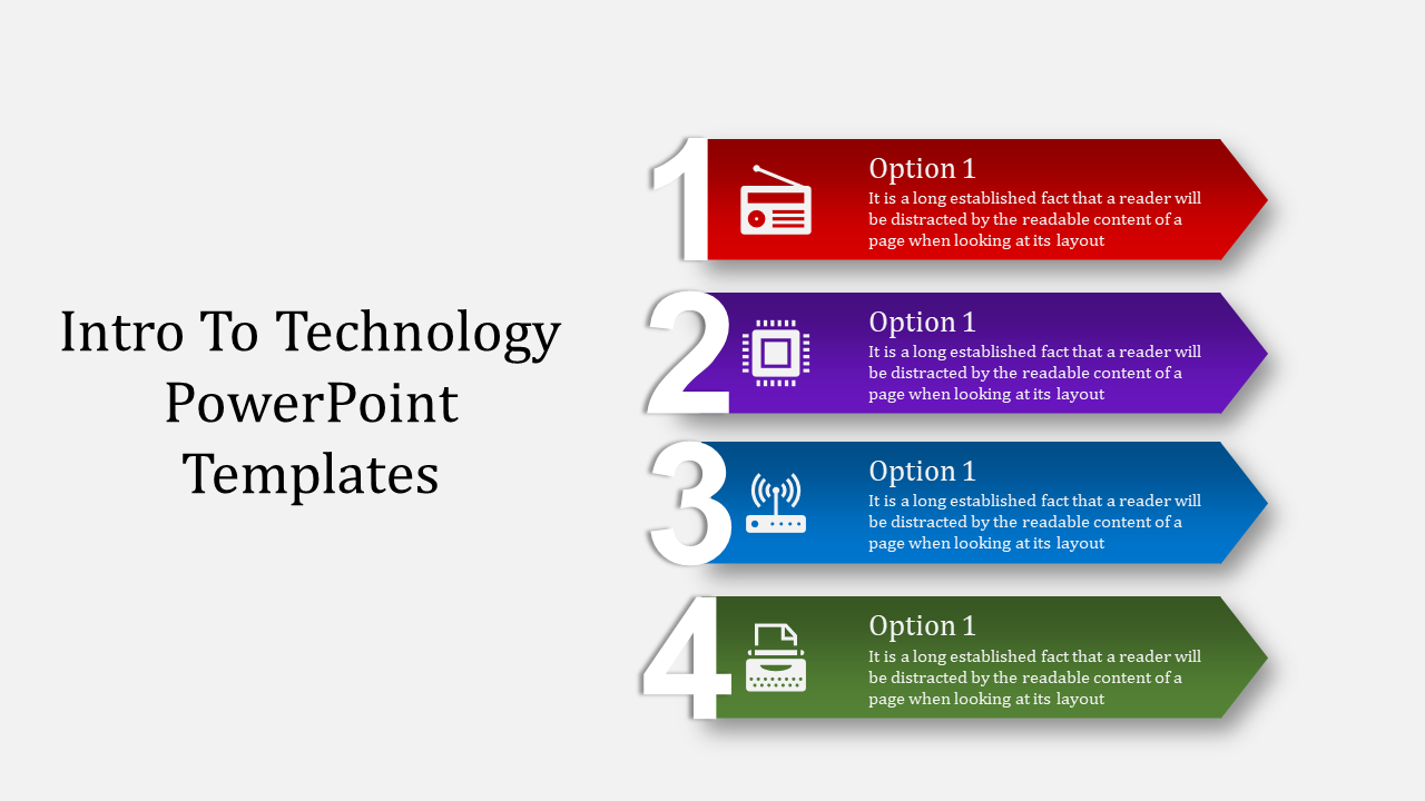 Technology themed slide featuring four numbered steps with colorful arrows and icons, placed with caption areas.