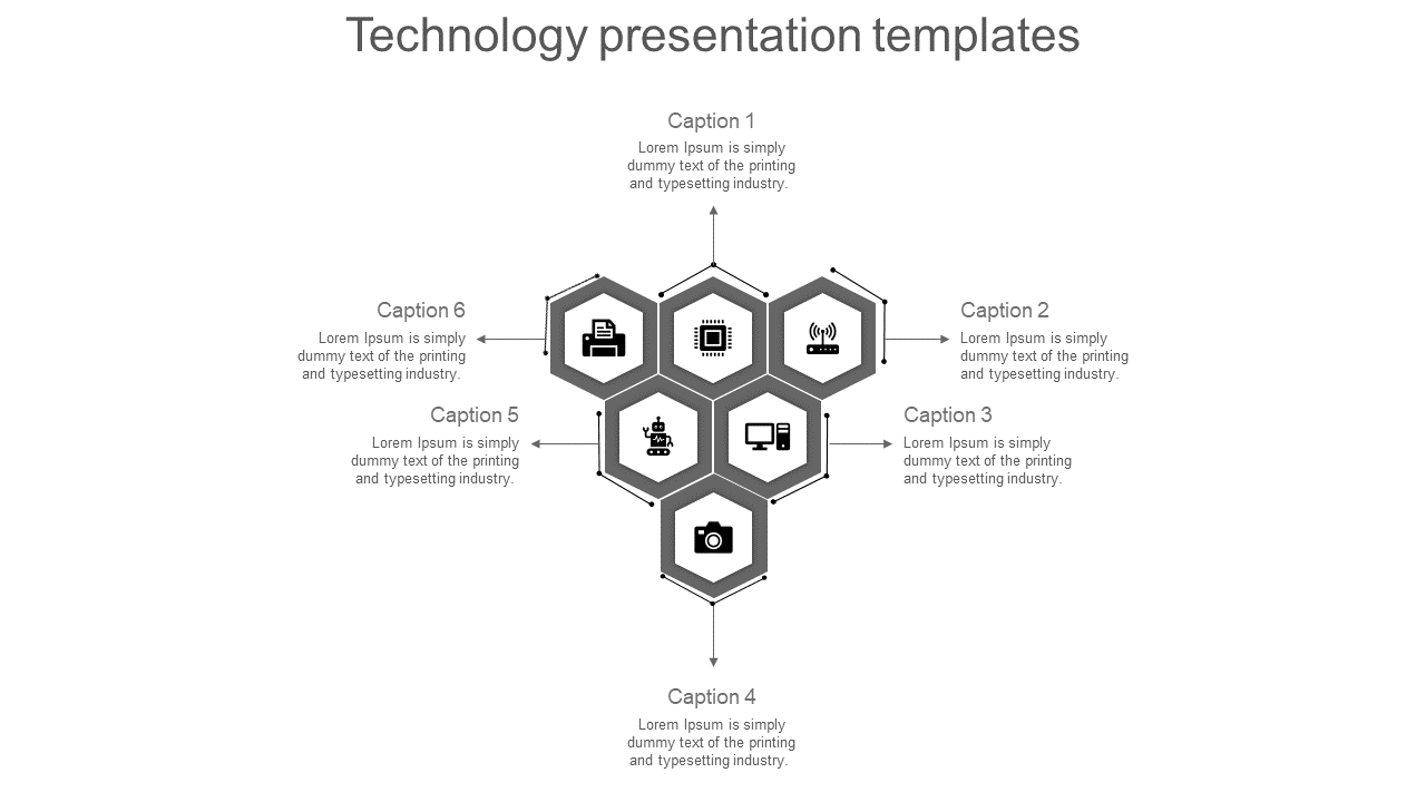 Technology PowerPoint template with six grey hexagonal sections, each featuring an icon and caption.