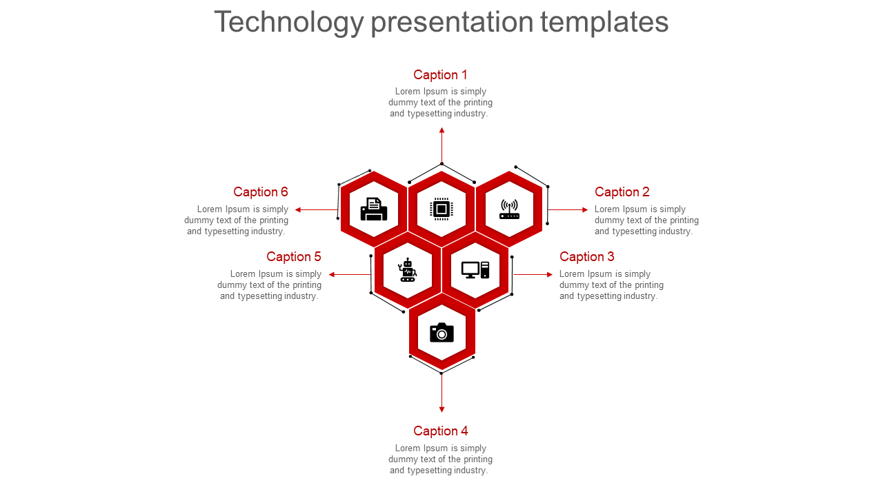 Technology PowerPoint template with six red hexagonal sections, each featuring an icon and caption.