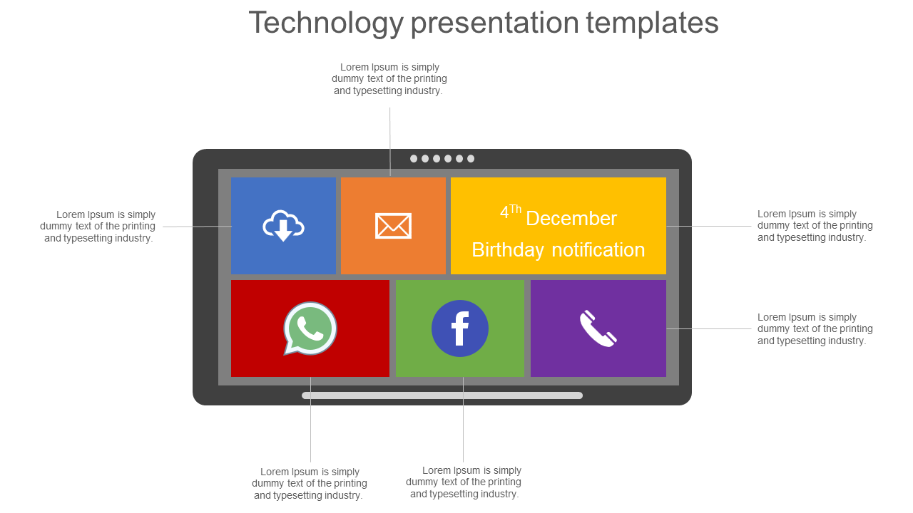 A technology slide with colorful icons representing cloud, email, birthday notification, WhatsApp, Facebook, and phone.