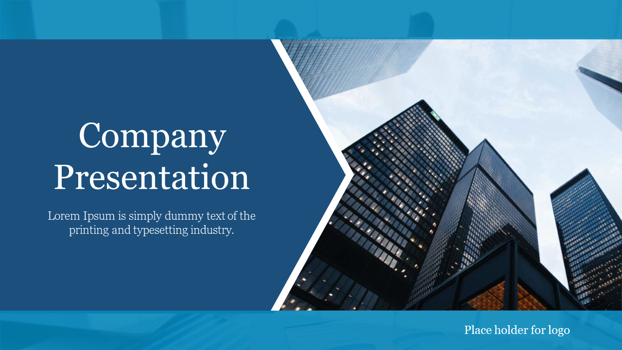 Company cover slide with a blue theme and a placeholder for a logo on a blue backdrop featuring a modern skyscraper image.