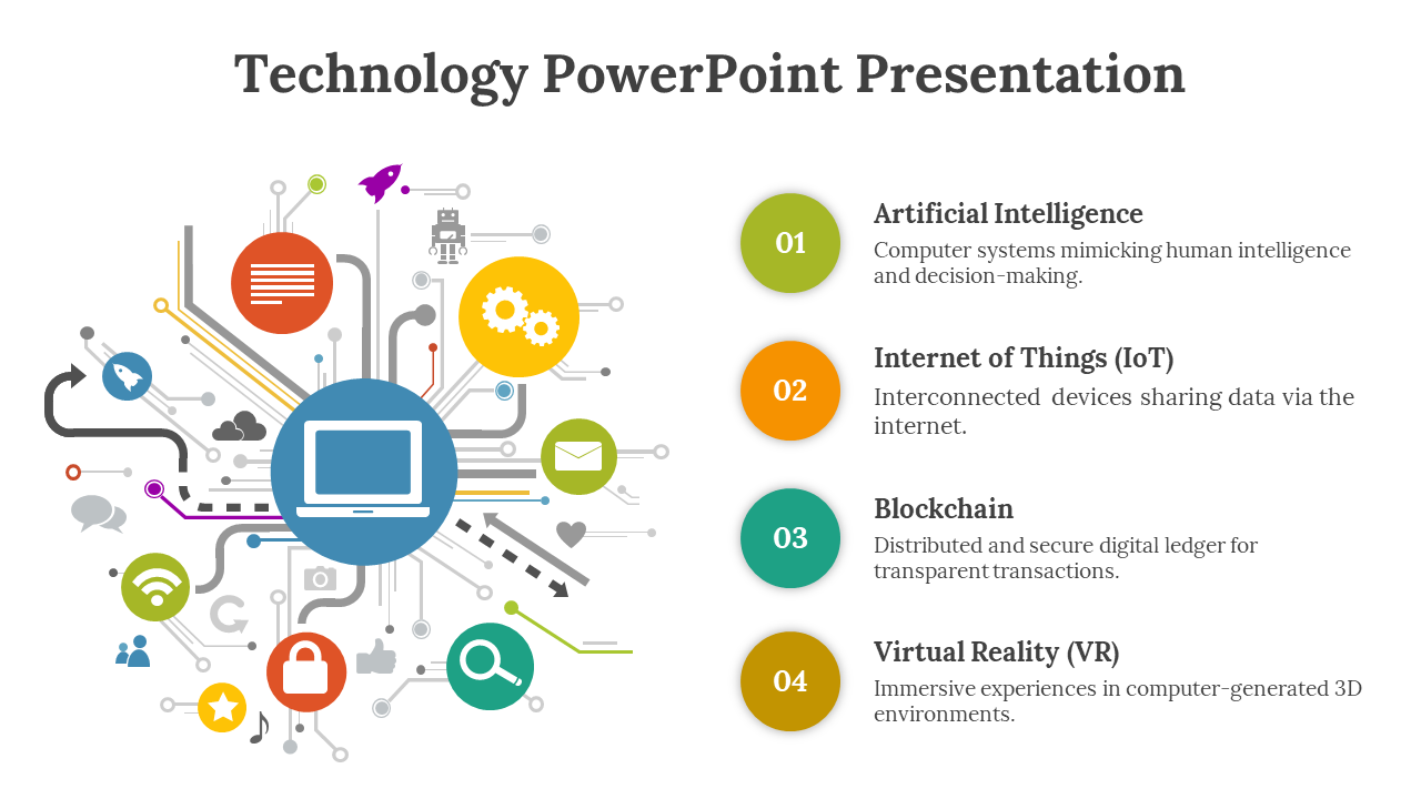 Technology slide featuring a central computer graphic surrounded by colorful technology related icons and four descriptions.