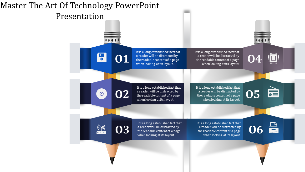 Technology PPT slide with six numbered icons representing various tech devices with two pencils each with a caption.