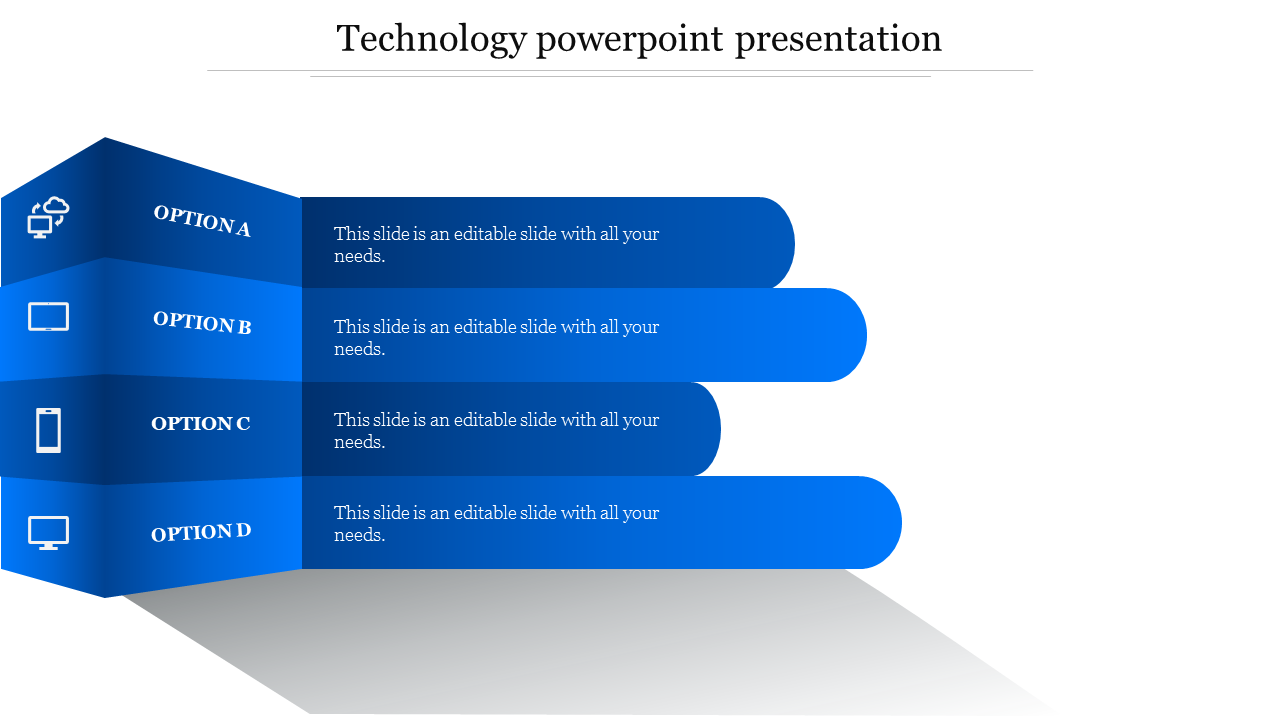 Technology PowerPoint slide featuring four blue options with icons labeled A to D with placeholder text.