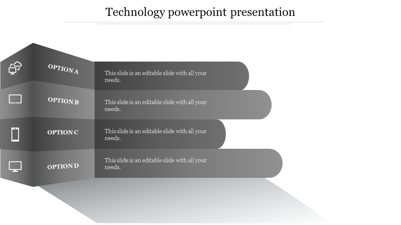 Grayscale technology slide with four layered options labeled A to D, each with icons and descriptions.