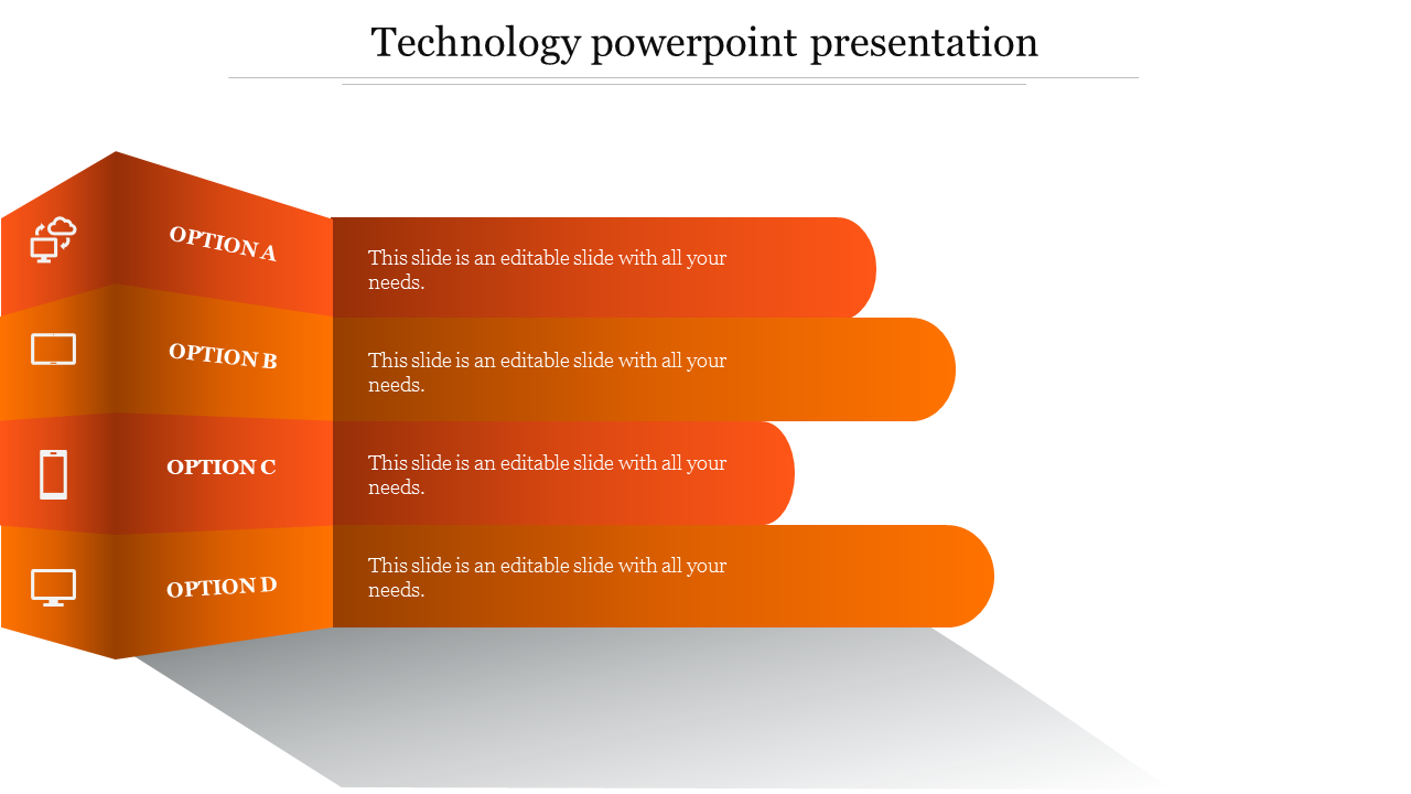 Technology PowerPoint slide featuring four orange options with icons, labeled A to D, with a title.