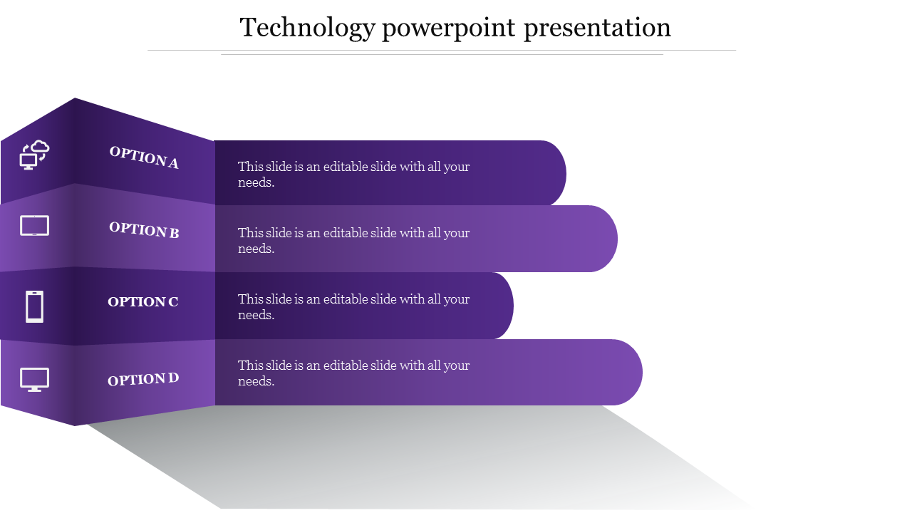 Purple 3D ribbon like layout with four options labeled A to D, each with icons and descriptive text on a white background.