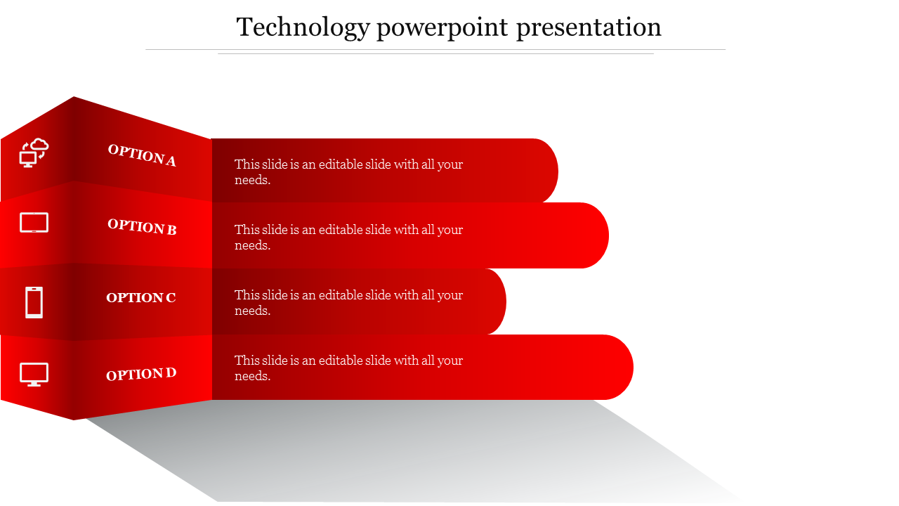 Red themed slide featuring four technology options labeled A to D, each with rounded descriptions and icons.