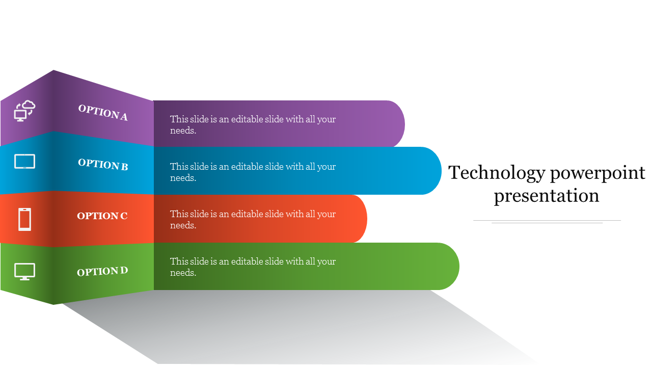 Technology PowerPoint slide with four color coded options and icons labeled A to D with placeholder text.