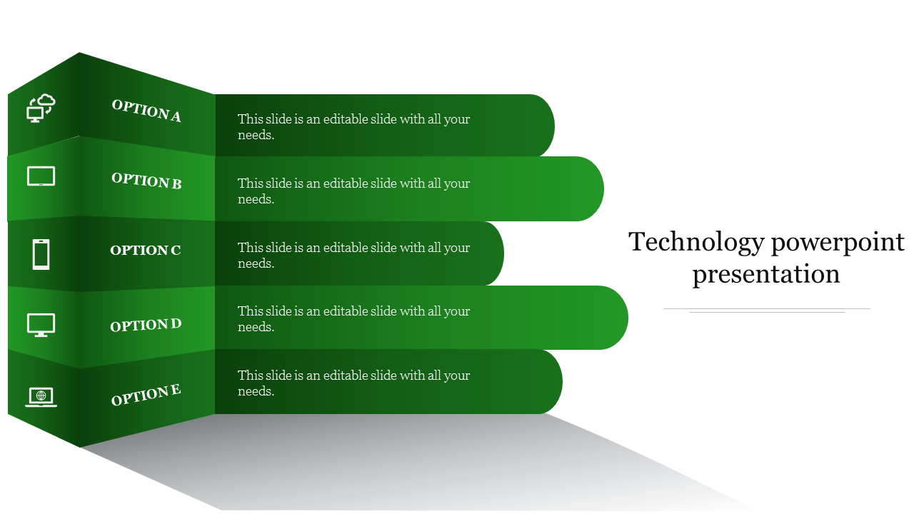 Technology PowerPoint slide with five green options A to E, each with corresponding icons for various tech related topics.