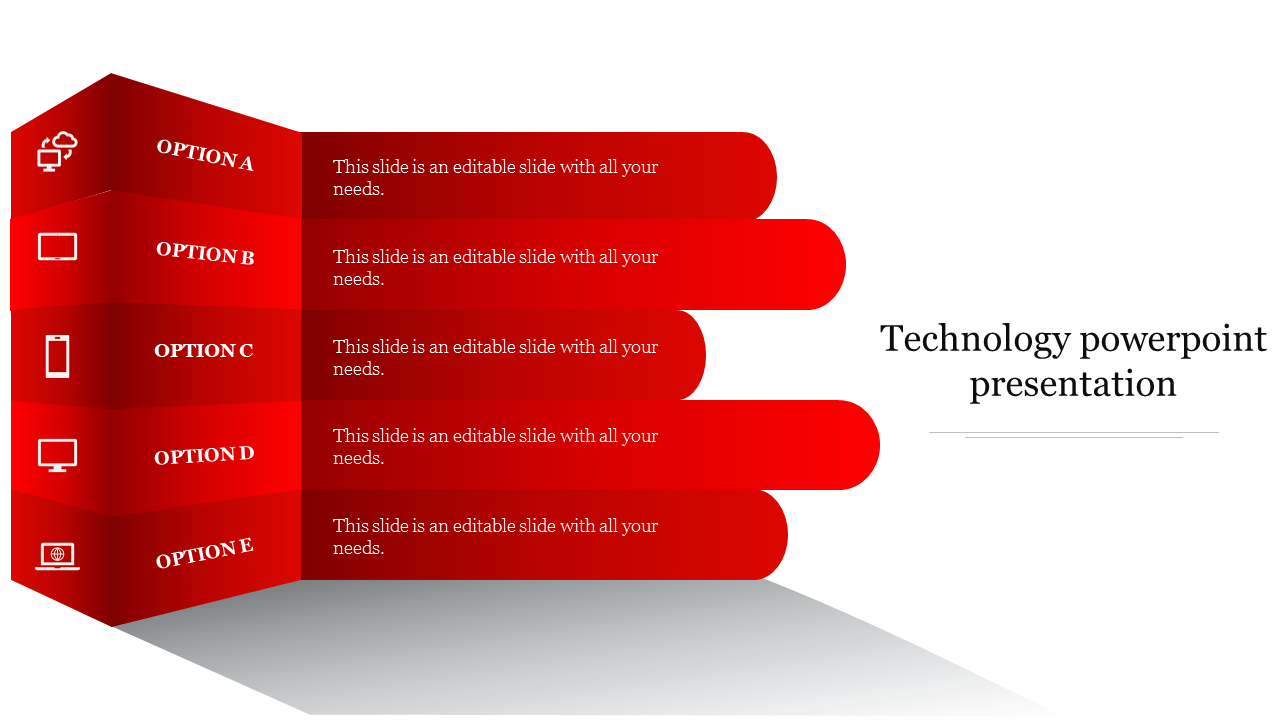 Technology PowerPoint slide with five red options A to E, each with corresponding icons for various tech related topics.