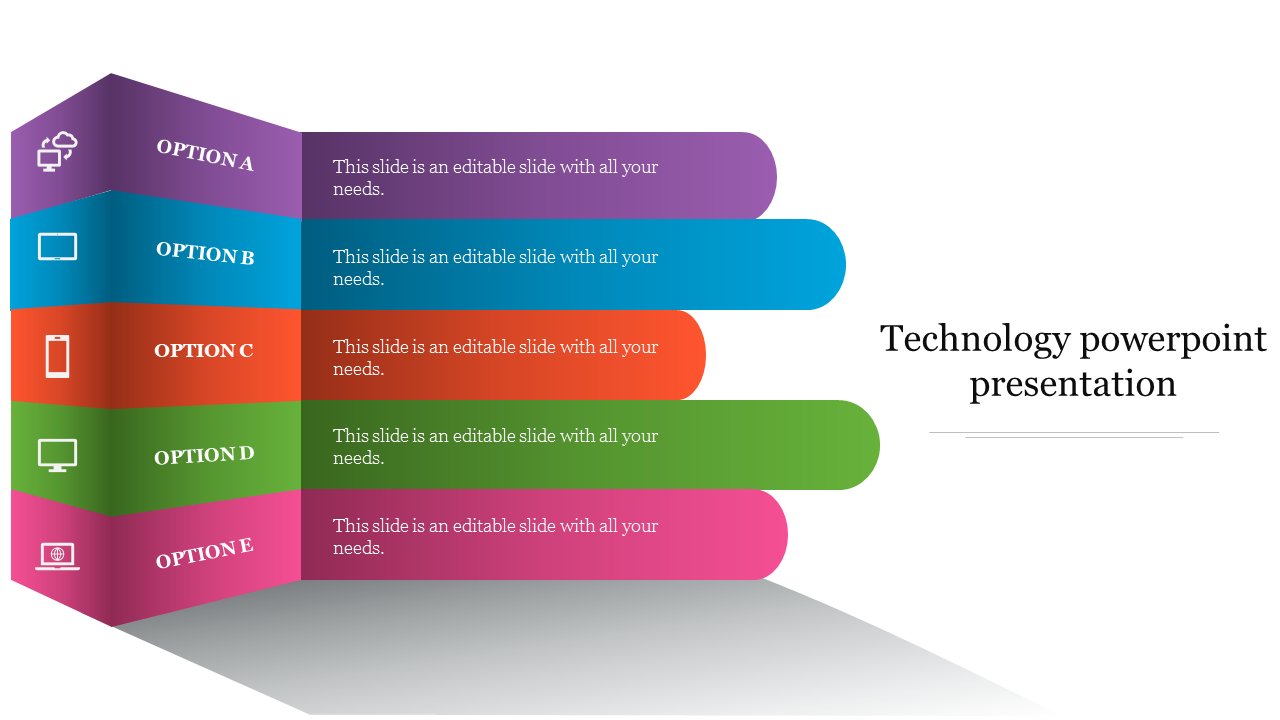 Layered technology slide with five colored options in purple, blue, red, green, and pink, each with icons and text.