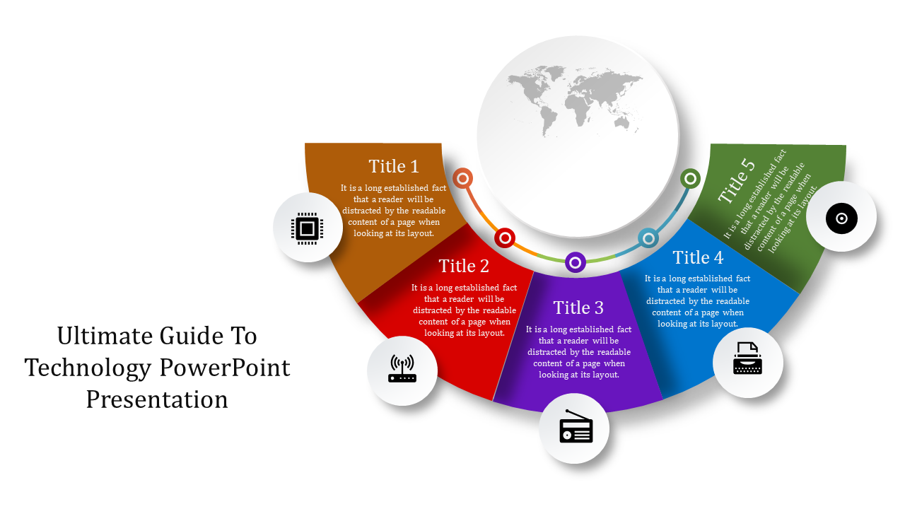 Colorful circular technology slide diagram with icons connected around a world map graphic in the center.