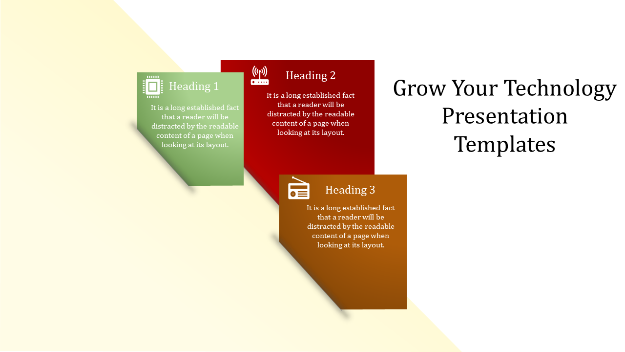 Technology-themed slide with three heading blocks green, red, orange and descriptions under each heading.