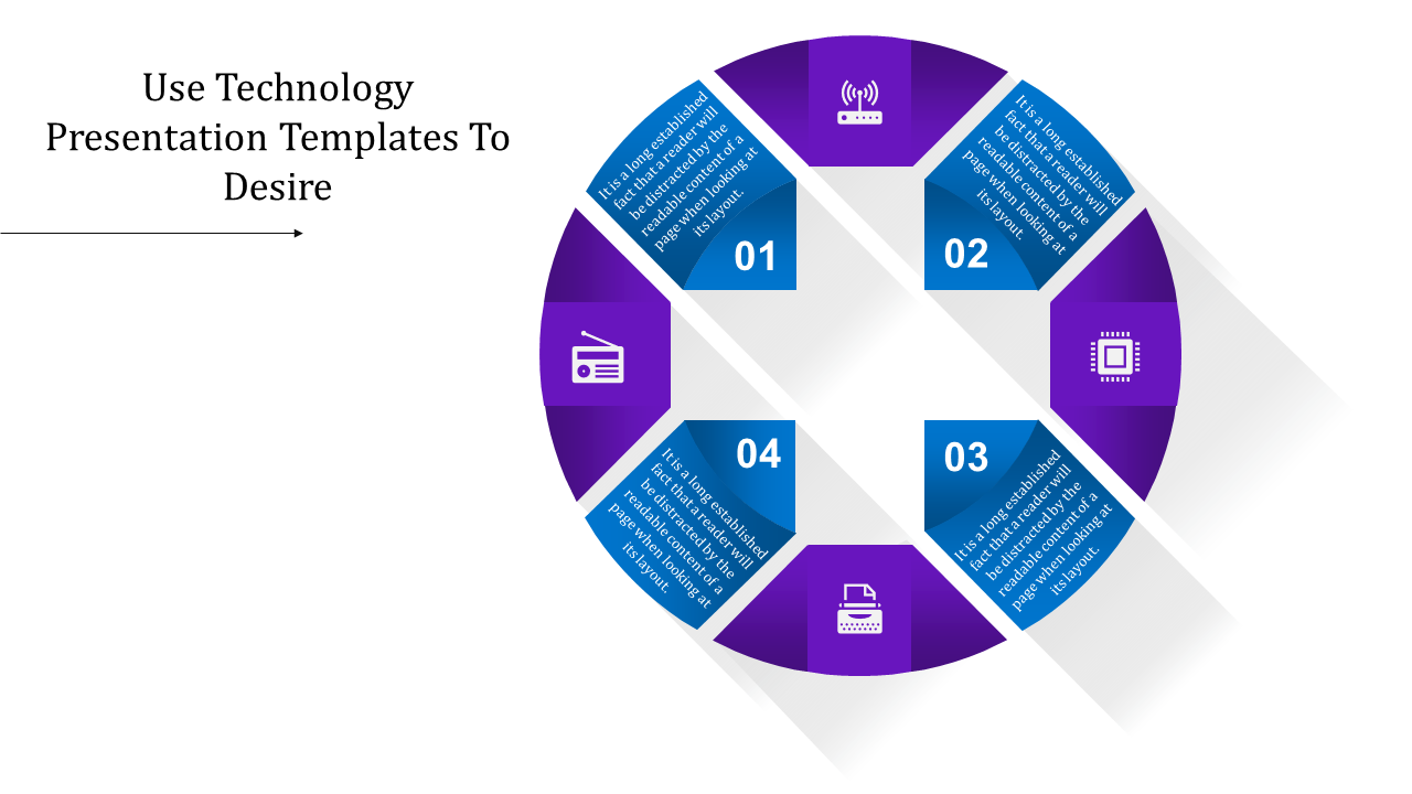 Circular infographic with four segments in purple and blue, labeled 01 to 04, showcasing technology icons and descriptions.