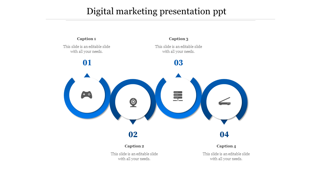 Blue and white infographic with four circular icons, each labeled with numbers and captions, set in a linear sequence.