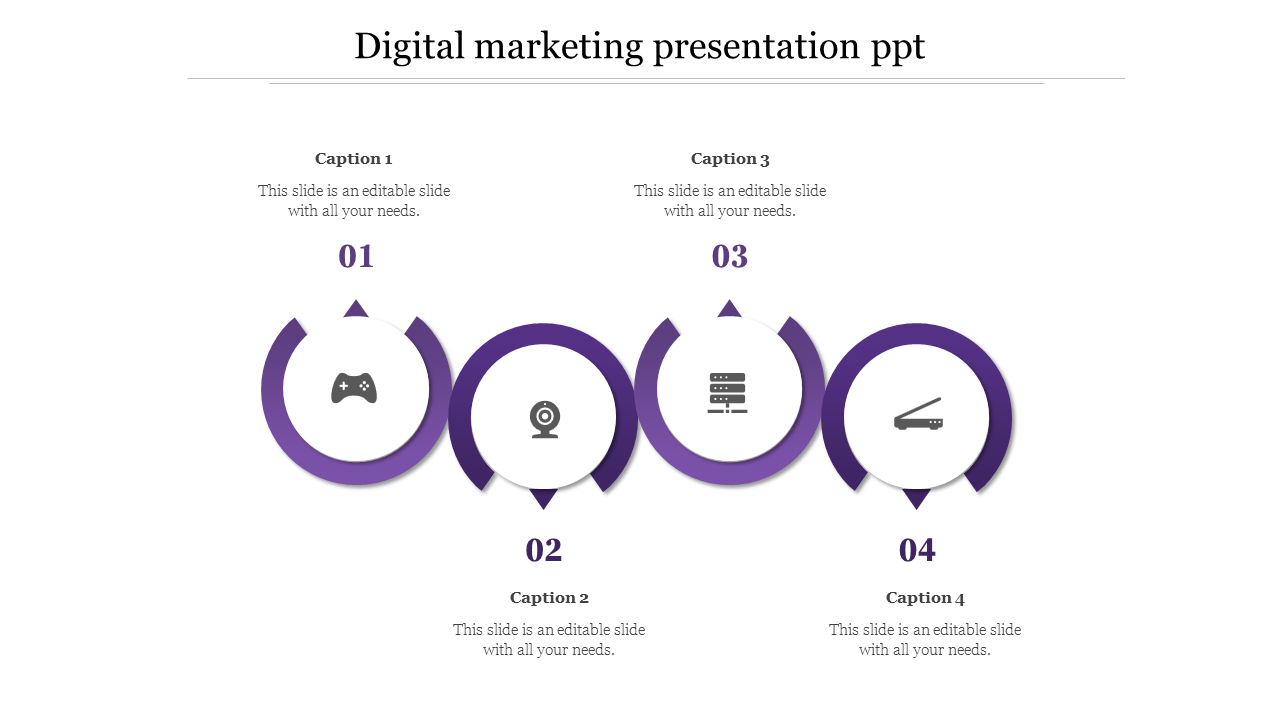 Digital marketing presentation with four connected circles with icons like game controller, webcam, server, stapler.