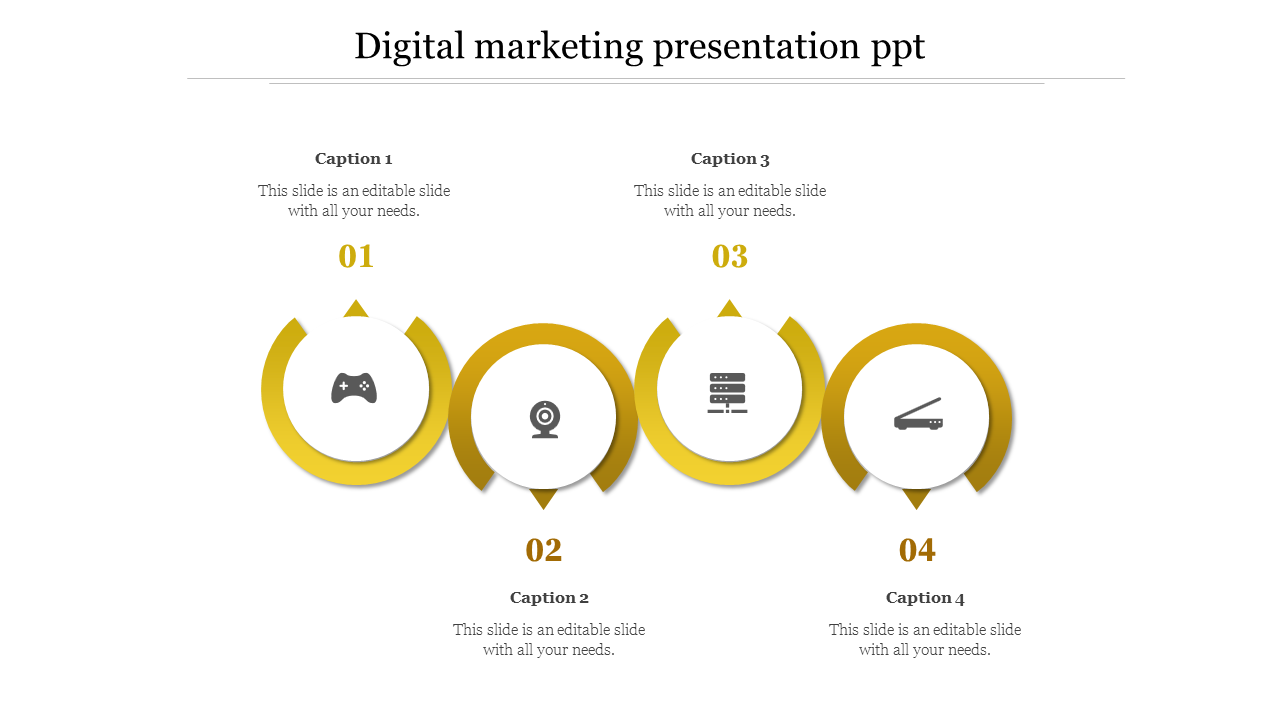 PowerPoint slide showing four key elements of digital marketing, with icons for gaming, webcam, servers, and projectors.