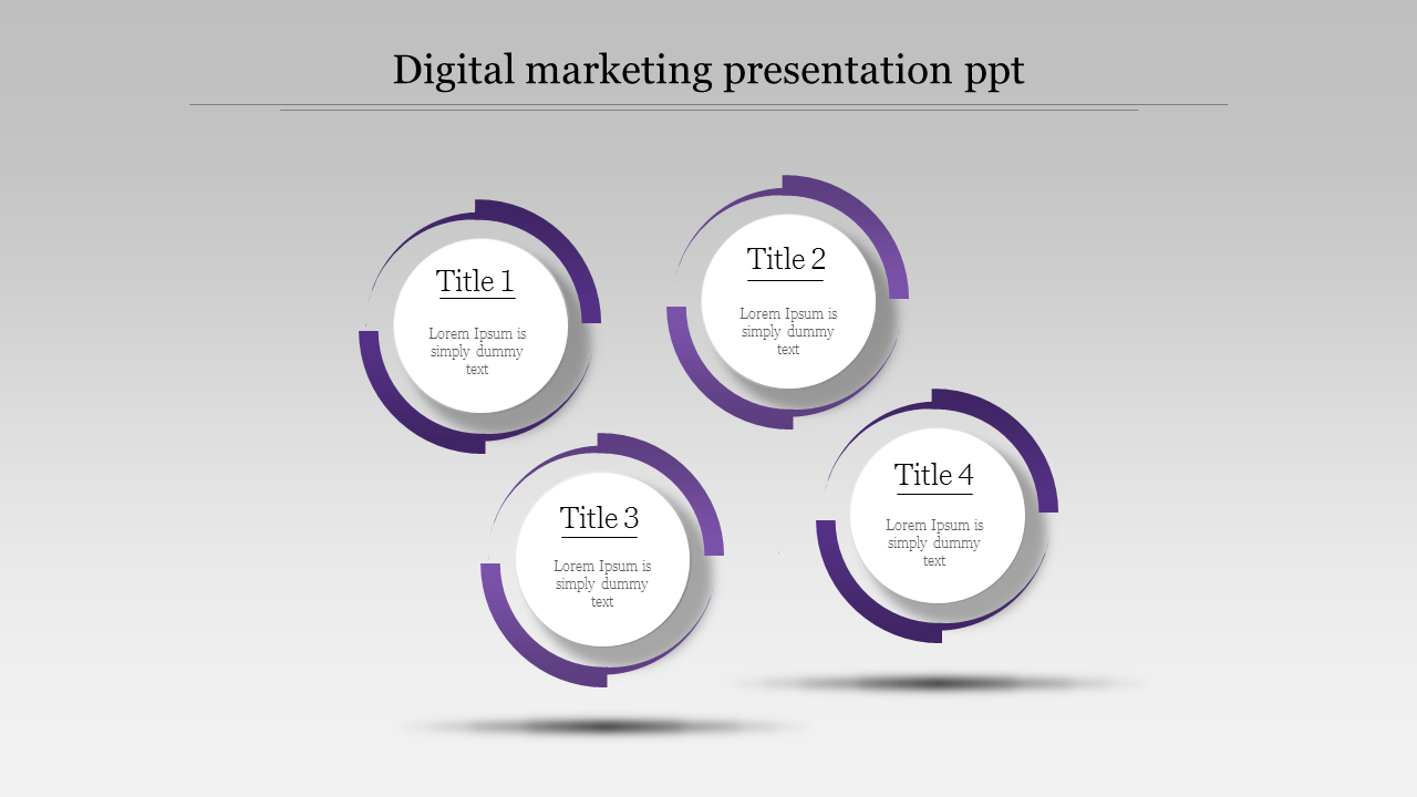 Digital marketing PowerPoint template featuring four purple circular sections, each with a title and description.