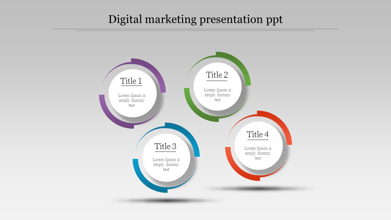 Digital marketing slide featuring four circular elements in purple, green, blue, and red with titles.