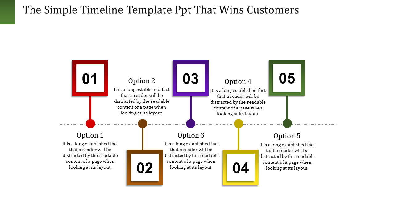 Simple timeline PPT slide featuring five colorful blocks with options labeled from 1 to 5 and corresponding descriptions.