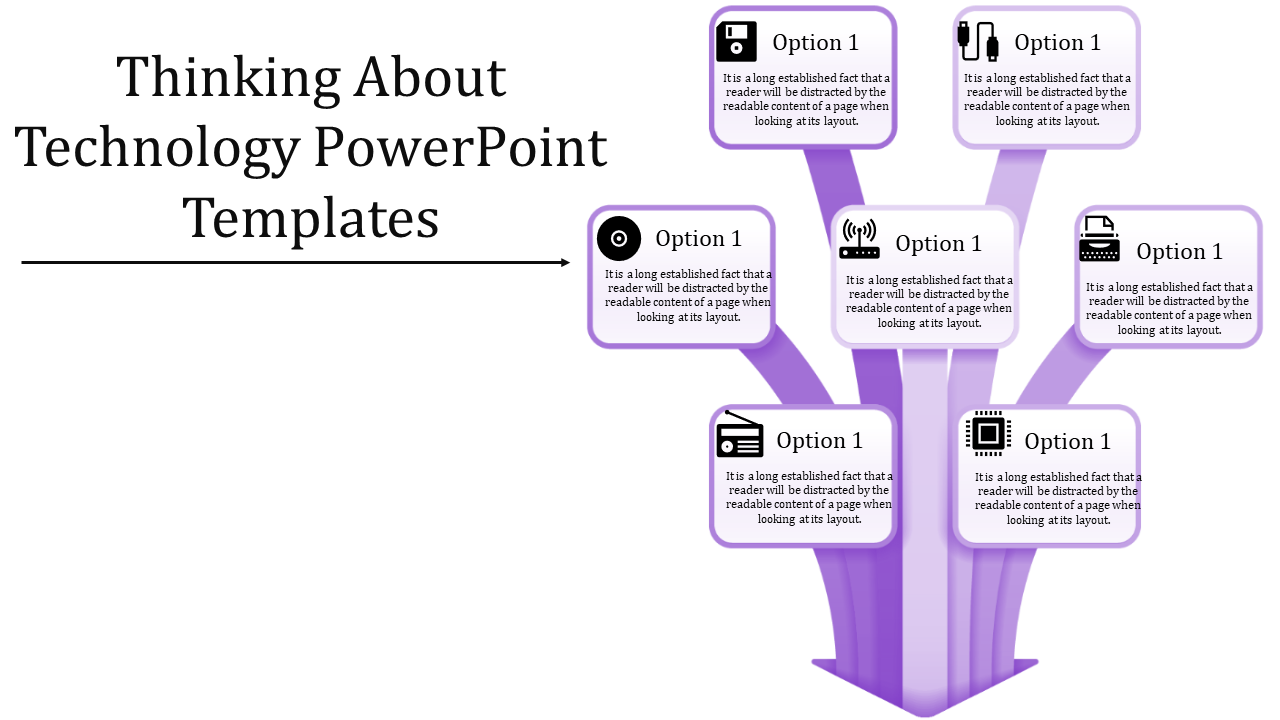 Technology diagram with six white text boxes branching from a purple central hub, showing icons like disk, chip, and printer.