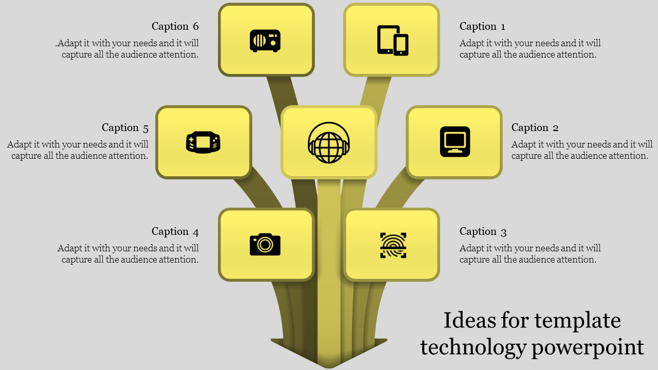 Technology themed slide with a tree design featuring seven yellow rectangles and black technology icons.