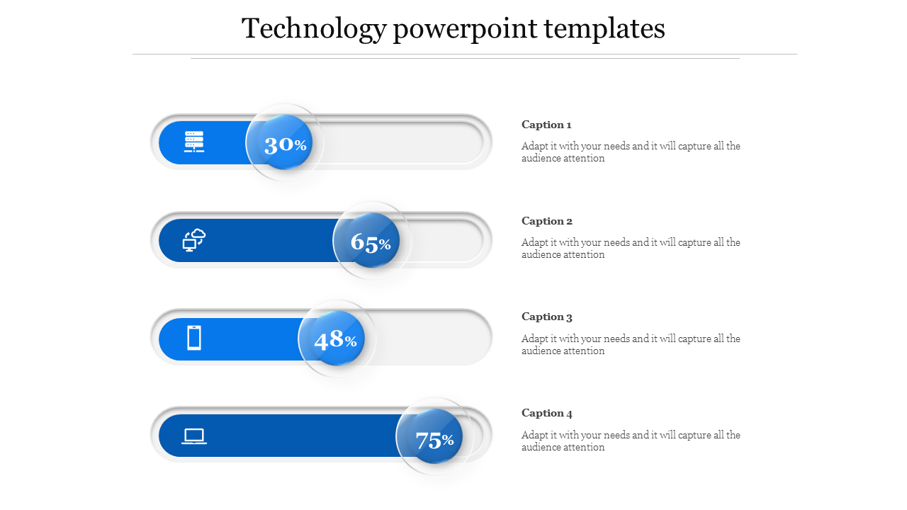 Technology PowerPoint template with four blue progress bars showing different percentages and corresponding icons.