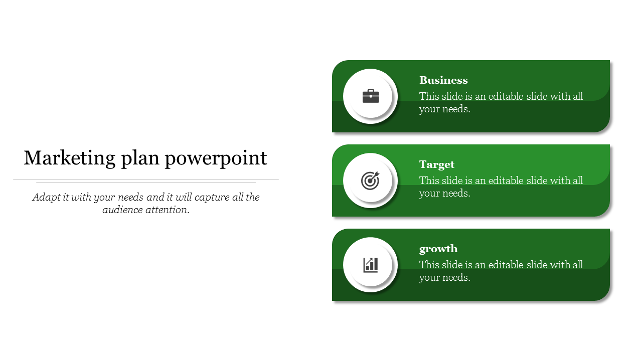 Marketing plan PowerPoint template with three green text boxes, each featuring a title, icon, and description.