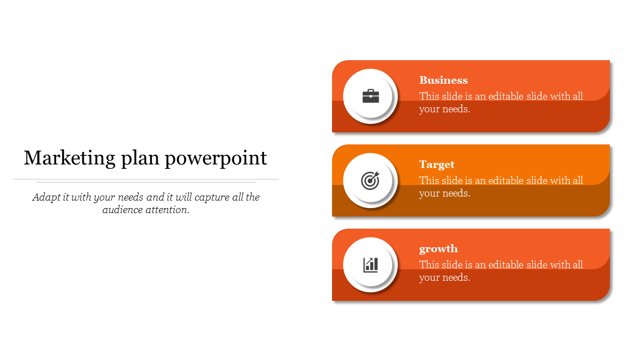 Slide with three stacked orange bars, featuring icons and descriptions, highlighting key marketing elements.