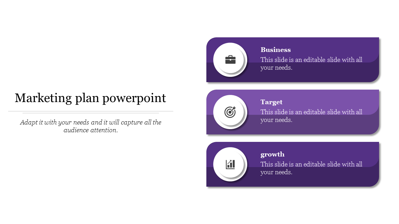 Three purple rounded rectangles on the right with icons for business, target, and growth on a white background.