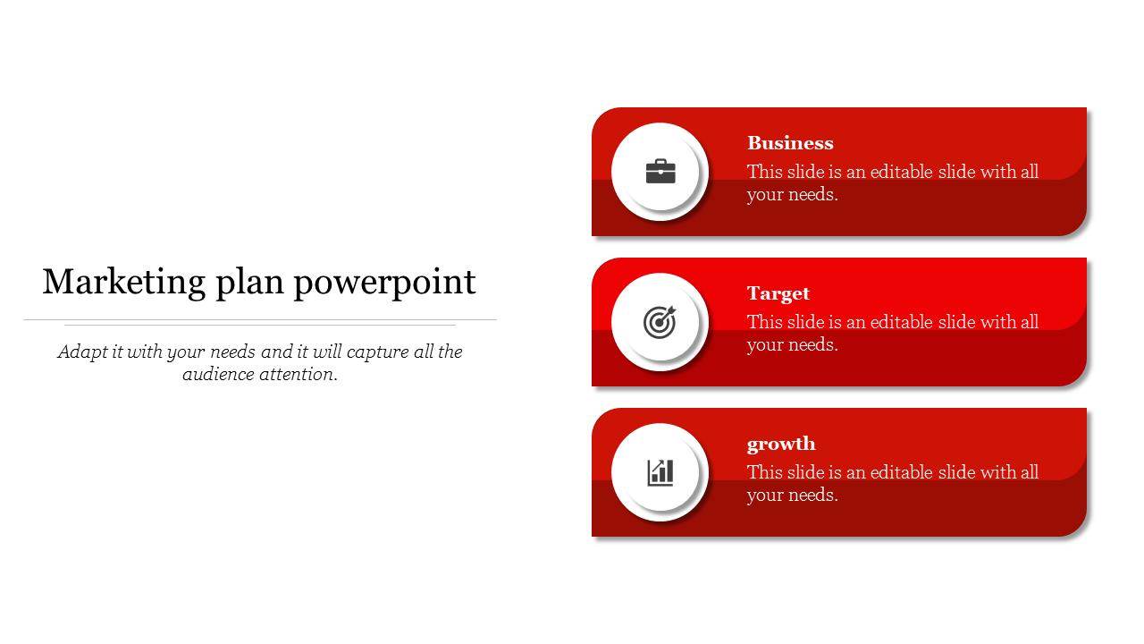 Marketing plan infographic with red highlights, circular icons, and text blocks for business, target, and growth strategies.