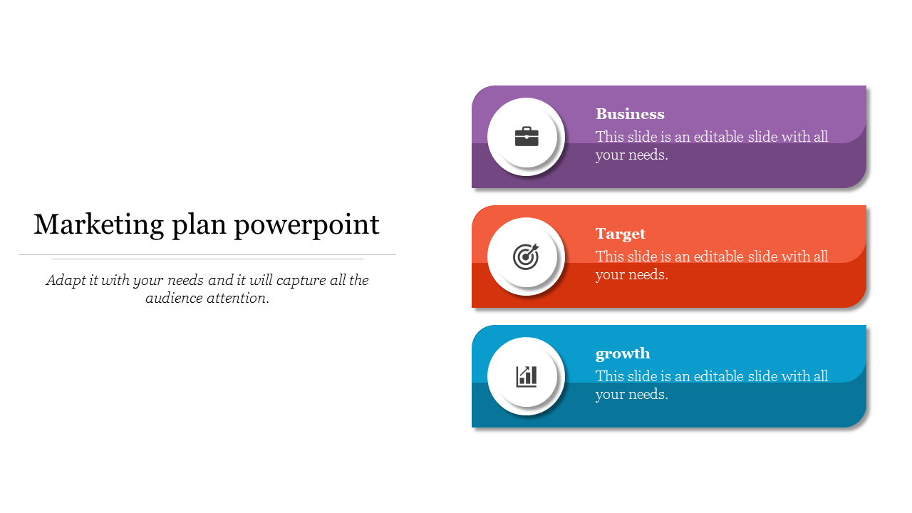 Marketing plan PowerPoint template with three colored text boxes, each featuring a title, icon, and description.